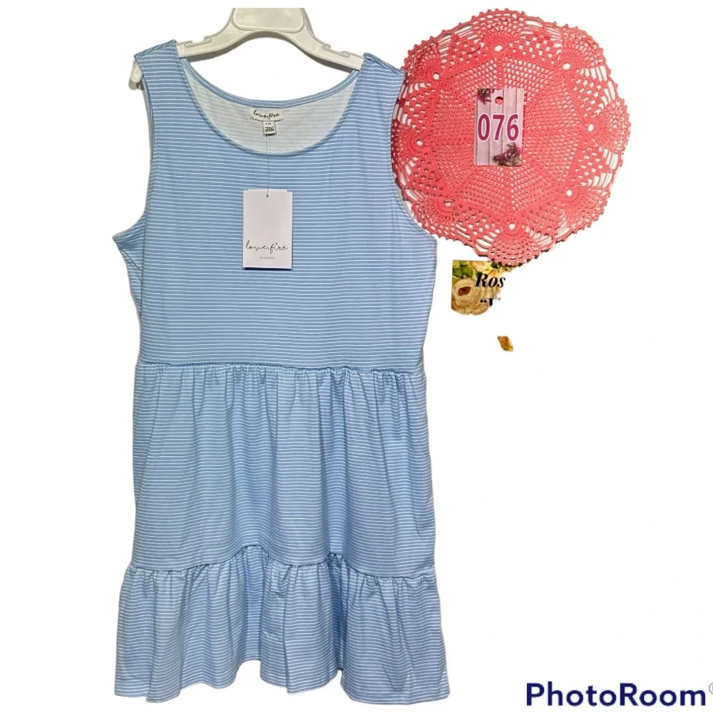 NWT Love Fire Crew Neck Girls Tiered Blue & White Striped Tank Dress Large